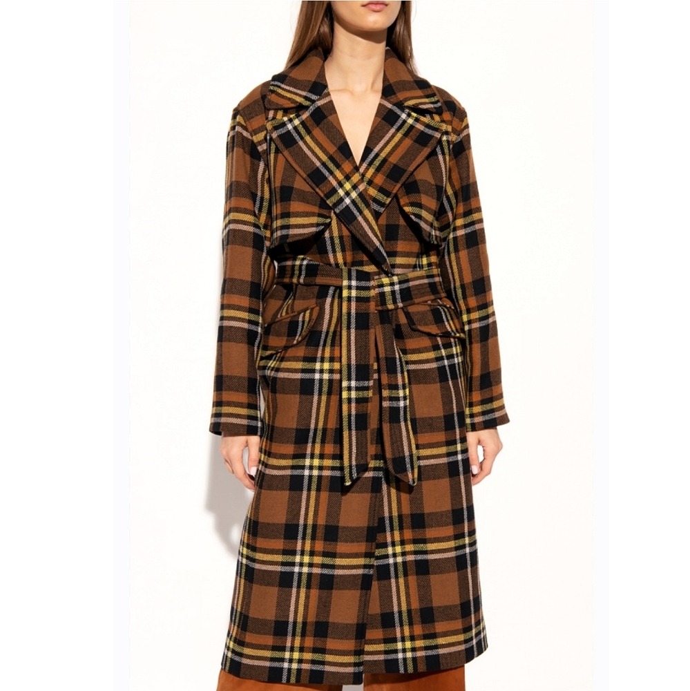 All Saints Bree Checkered Plaid Wool Long Wrap Coat